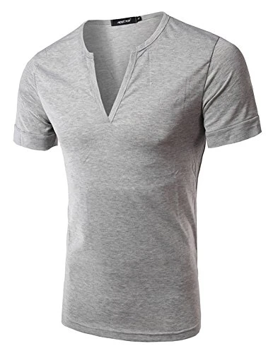 Men Tees Shirt Fitted V-Neck Solid Color Short Sleeve T-Shirt Light Grey M