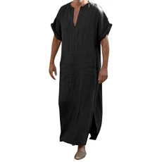 Men V Neck Mens Kaftan Muslim Robe Loose Fit Gown Thobe Abaya Moroccan Thobe Medieval Tunic Short Sleeve Lightweight Jubba Ethnic Kaftan Robes Mens Dress Shirts Big And Tall Long Gown Top