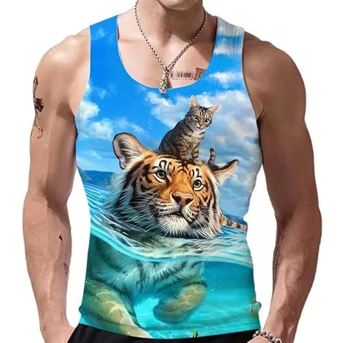 Men Vest Tops Summer Lion Printed Tanks Tops Sleeveless Crewneck Sweatshirt Workout Fitness Vest Tee