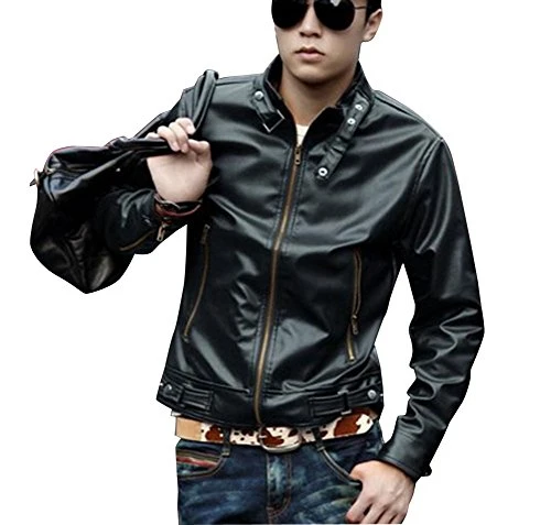Men Vintage Casual Zipped Biker Jacket Faux Leather Bomber Coat Outerwear L Black
