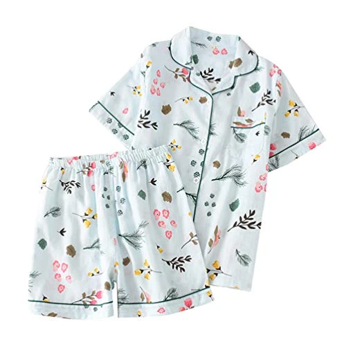 Men Womens Home Pyjamas Set 2-Piece Stretch Printing Comfortable Sleepwear Cool Breathable Home Shirt and Short Pants (Style 12(Women),Asia M)