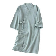 Men Womens Kimono Drawstring Lace up Nightgown Soft Breathable Nightshirt Solid Color Pajama Home Clothing (Green(Women),Asia M)