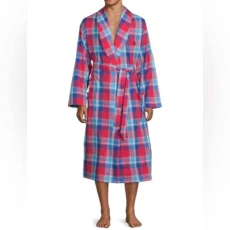 Men's 100% Cotton Woven Plaid Robe (Red, Large/X-Large), Red, L-X-L