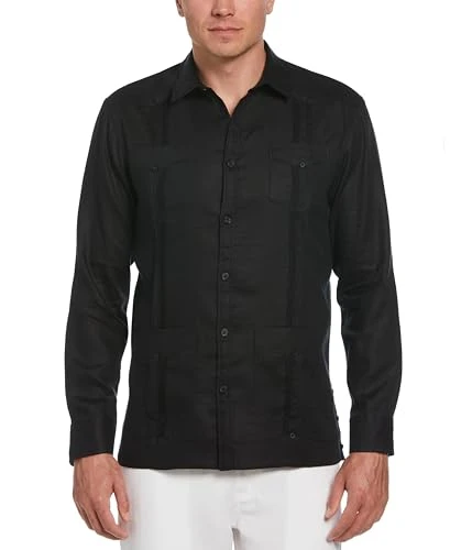 Men's 100% Linen Four-Pocket Long Sleeve Guayabera (Size Small-5x Big & Tall) Button Down Shirt, Jet