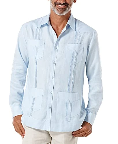 Men's 100% Linen Four-Pocket Long Sleeve Guayabera (Size Small-5x Tall) Button Down Shirt, Cashmere 