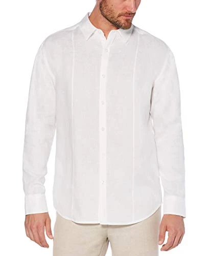 Men's 100% Linen Tuck Long Sleeve Button Down Shirt, Bright White, 3XL