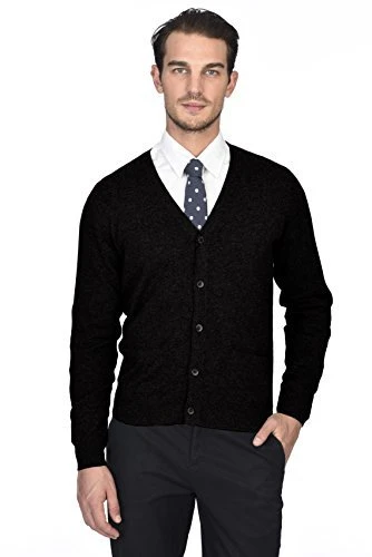 Men's 100% Pure Cashmere Button Front Long Sleeve Cardigan Sweater Black