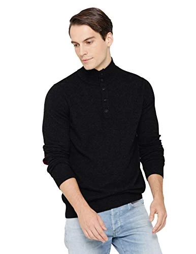 Men's 100% Pure Cashmere Jumper Button Mock-Neck Polo Collar Sweater Pullover Black