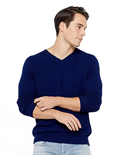 Men's 100% Pure Cashmere Jumper Long Sleeve Pullover V Neck Sweater-L-Navy