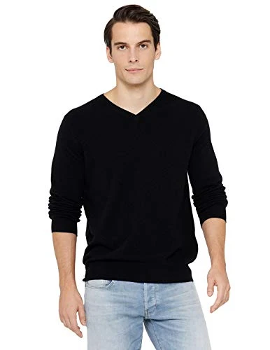 Men's 100% Pure Cashmere Jumper Long Sleeve Pullover V Neck Sweater-S-Black