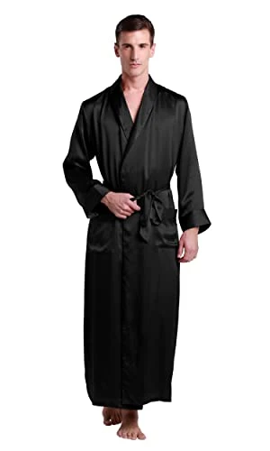 Men's 100 Silk Dressing Gown Silk Kimono Robe Long 22 Momme Pure Mulberry Silk Black Size 36/S