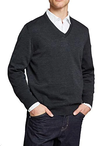 Men's 100% Virgin Wool Pullover V-Neck Sweater, Grey (591), 58