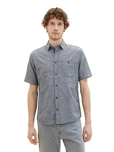 Men's 1036213 Short Sleeve Shirt with Chest Pocket, 29605-Navy Herringbone Structure, L