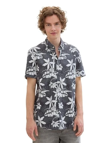 Men's 1041400 Short-Sleeved Shirt with Palm Tree Pattern, 35502-Grey White Tropical Print, S