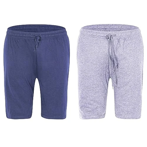 Mens 2 Pack Loungewear Shorts Pyjama Jersey Nightwear Cotton Bottoms With Pockets (M,Grey/Navy)