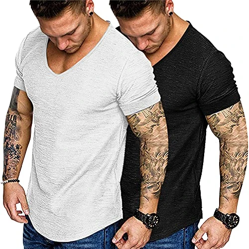 Mens 2 Pack Muscle V Neck T Shirt Fitted Gym Workout Short Sleeve Tee, Black/ White(v Neck), S