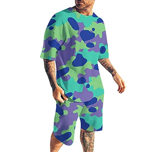 Mens 2 Piece Outfits Shorts Gym Wear Sets Short Sleeve Muscle Tee & Shorts Set Bodybuilding Jogging Tracksuits Men 2 Piece Short Sets Outfits Mens Polo Suits Sets(Mint Green,M)
