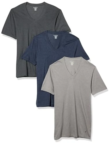 Men's 3-Pack V-Neck T-Shirt Undershirt, Light Grey/Charcoal/Peacoat Heather, Large