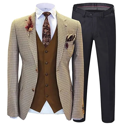 Men's 3-Piece Notch Lapel Tuxedo Plaid Suit for Wedding (Blazer + Vest + Trousers), brow