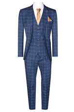 Mens 3 Piece Tailored Suit Blue Gold Check Peaky 1920 Gatsby Smart Vintage Suit