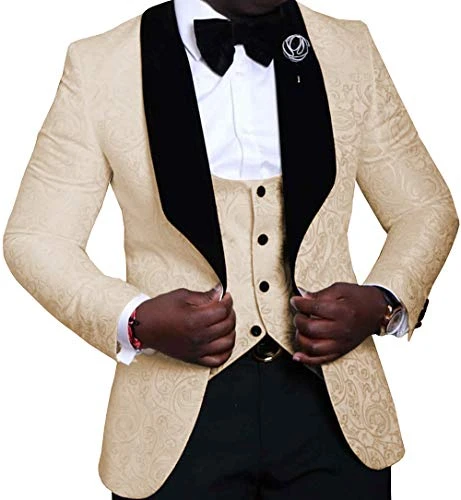 Men's 3 Pieces Suit Shawl Lapel Mens Suit Wedding Blazer Tuxedos(Khaki,40)