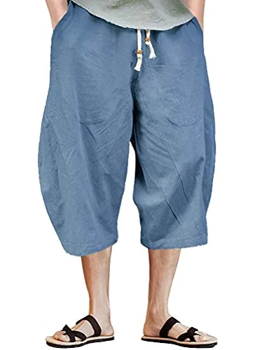 Men's 3/4 Loose Shorts Baggy Loose Fit Shorts Capri Shorts Summer Casual Cargo Trousers A Blue M