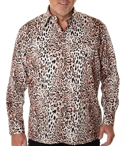 Men's 70s Long Sleeve Shirt Leopard Pattern in Comfort Fit, beige, L