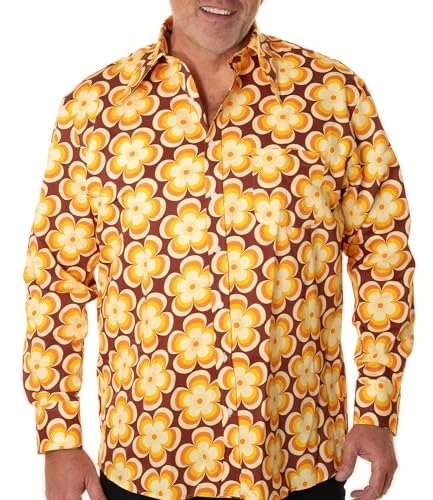 Men's 70s Long Sleeve Shirt Yellow Brown Floral Comfort Fit, yellow, M