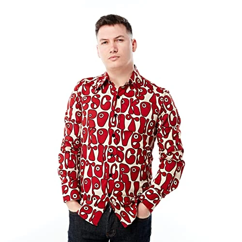 Mens 70s Retro Red and Cream Moloko Funky Disco Shirt S