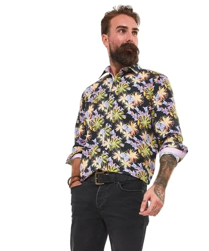 Men's Abstract Neon Floral Classic Collared Long Sleeve Shirt, Black, XL