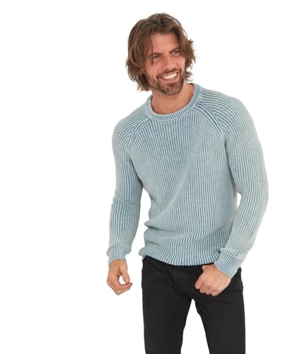 Men's Acid Wash Chunky Rib Knit Crew Neck Fisherman Jumper Pullover Sweater, Blue, XL