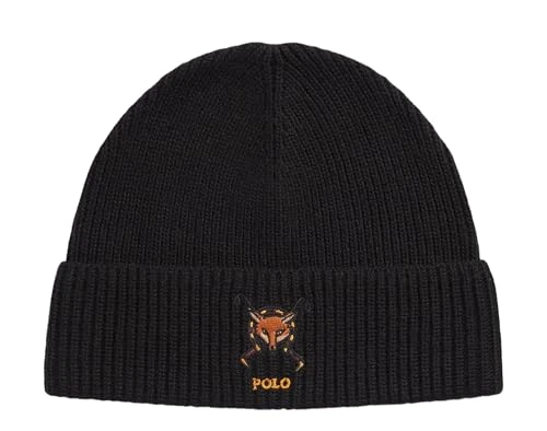 Men's Acrylic/Wool/Nylon Blend Polo Graphic Beanie Hat, Black Embroidered Fox Polo, One size