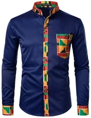 Men's African Dashiki Tribal Graphic Patchwork Long Sleeve Printed Grandad Collar Shirt PZZCL46 Navy S