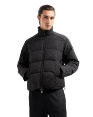 Men's All Over Monogram Zip Up Quilted Jacket Coat, Black, XL