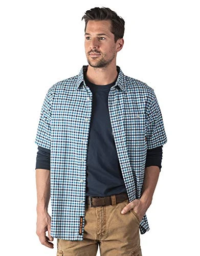 Men's Angle Iron Short Sleeve Work Shirt Utility Button, Coastal Blue/Indigo Gingham, Medium