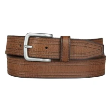 Men's Antiqued Leather Belt with Dark Stitching Detail, Tan, 40"