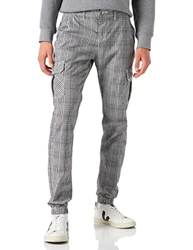 Men's AOP Glencheck Cargo Jog Pants Trouser, Multicolour (White/Black 01248), 28 (Size: X-Large)