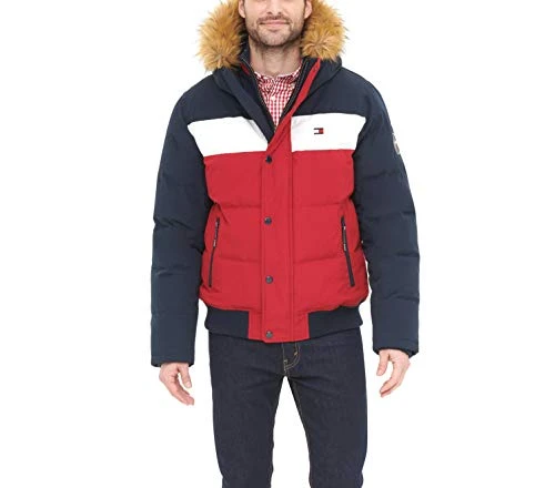 Men's Arctic Cloth Quilted Snorkel Bomber Jacket Parka, Navy/White/Red, M