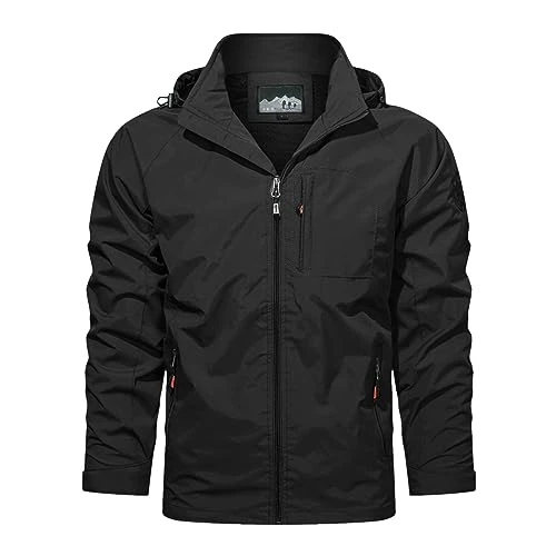 Men's Autumn and Winter Windproof Long Sleeve Removable Outdoor Jacket with Hood Plus Fleece Coat with Pockets Expensive Men's Jackets, 0904C-Black, XL
