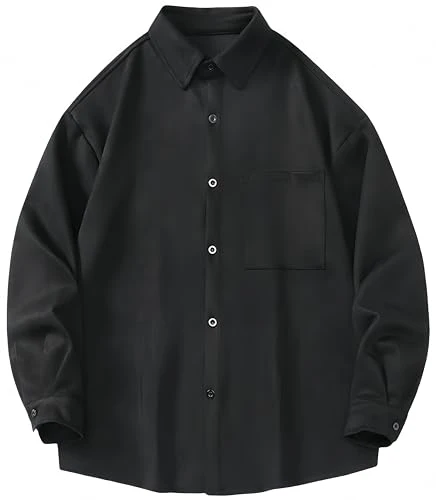 Men's Autumn Shirt Cotton Long Sleeve Shirt Work Wear Casual Top Jacket, Dark Black, XL