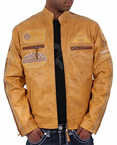 Men's Aviatrix Urban Designer Biker Style Leather Jacket, Curry, Red (UK, Alpha, S, Regular, Regular