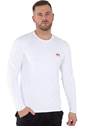 Men's Back Print Heavy LS Long Sleeve Tops, White/Red, M