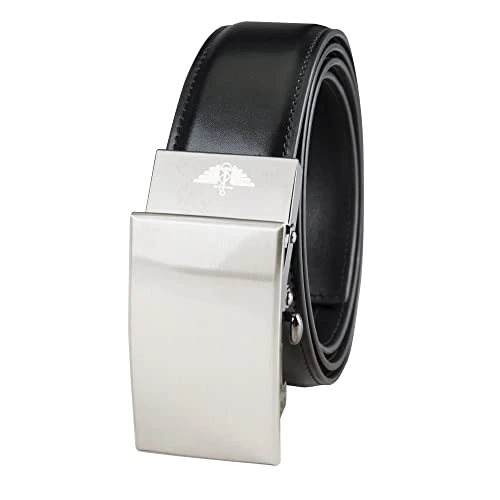 Men's Badge Buckle Leather Dress Belt, Black, 34-36