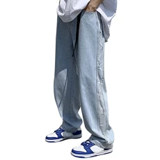 Mens Baggy Drawstring Denim Pants Straight Leg Work Jeans Hip Hop Style Dance Skater Denim Jeans Trousers Classic Vintage Y2K Grunge Streetwear Pants All Waist Sizes with Pockets