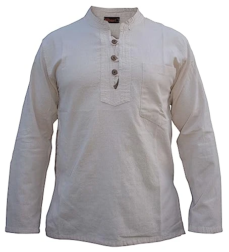 Mens Band Collar Cotton Grandad Collar Long Sleeve Handmade Oxford Shirt Beige Large