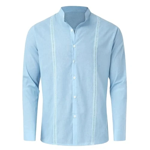 Mens Band Collar Shirts Casual Long Sleeve Shirts Button Down Henley Shirt Tops Light Blue L