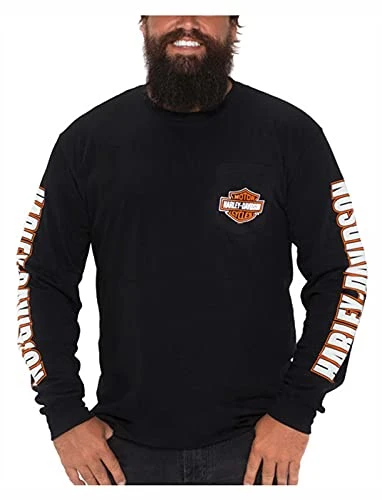 Men's Bar & Shield Chest Pocket Long Sleeve Crew-Neck Tee, Black, Black, S