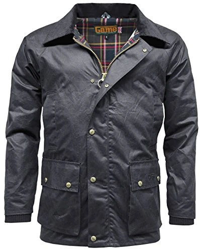 Mens Barker Wax Jacket with Detachable Hood & Tartan Linning (L, Navy)