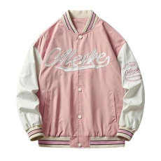 Men's Baseball Jacket Couple Pink College Jacket Button Down Cargo Jackets Vintage Outwear Unisex Coat Patchwork Embroidery Top with Pockets(Pink,XXL)
