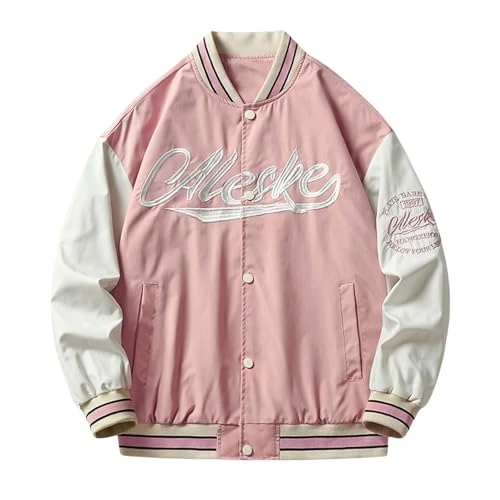 Men's Baseball Jacket Couple Pink College Jacket Button Down Cargo Jackets Vintage Outwear Unisex Coat Patchwork Embroidery Top with Pockets(Pink,XXL)